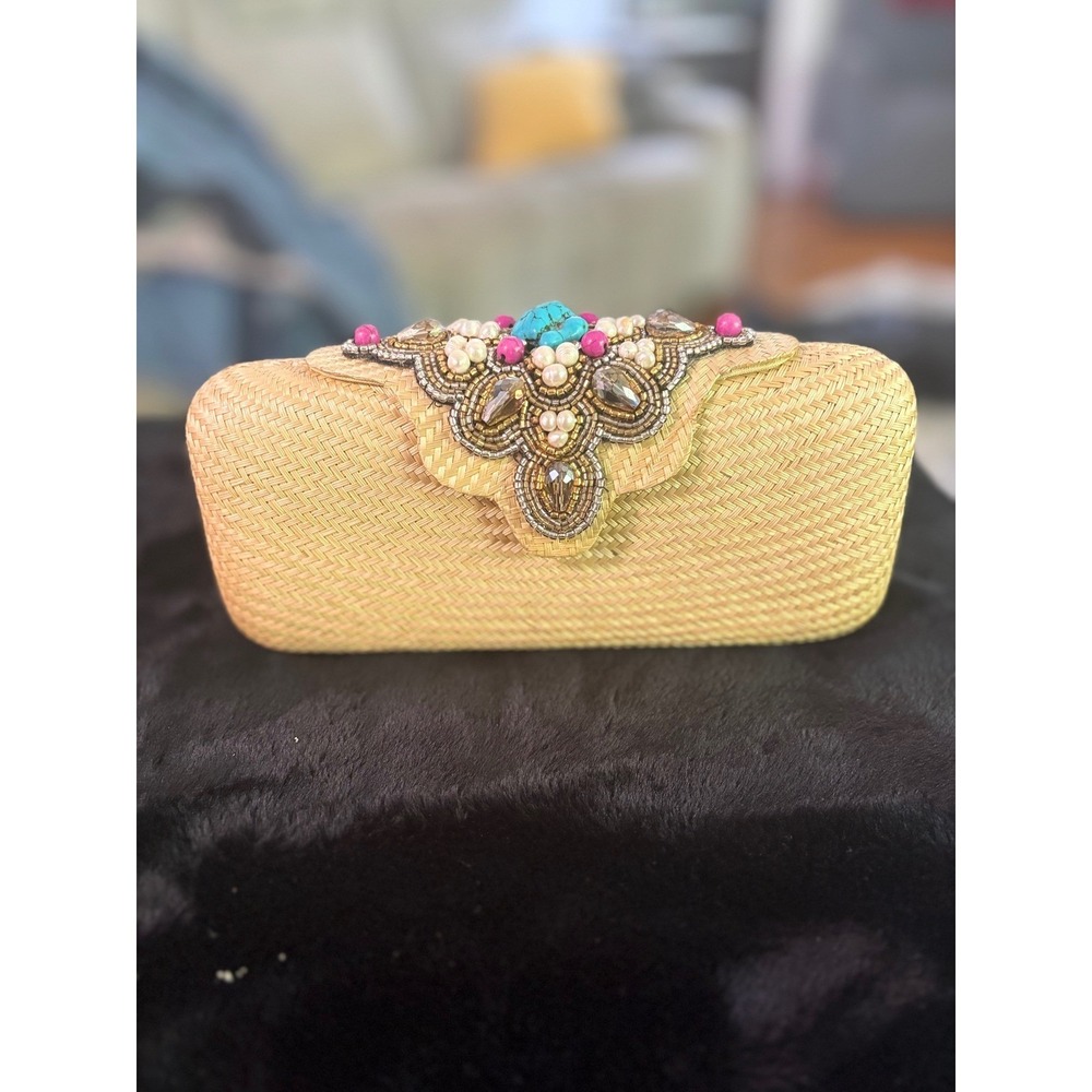 Sparkling Creations Pinky Jaurigue Beaded Straw Clutch Yellow Turquoise Pearl